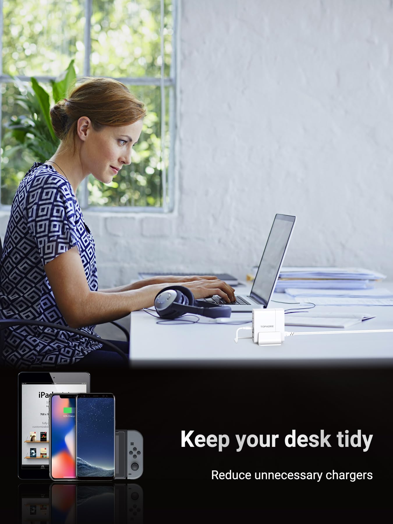 TOPADRE USB C Charger Block 80W, 6 Port Fast Charging Station Powered USB C Hub PD Charger for iPhone 15/14/13 Pro Max, iPad Pro/Air/Mini, for Samsung Galaxy S24, MacBook Pro/Air, White