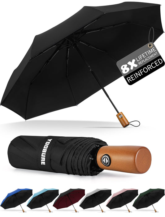Windproof Travel Umbrella with Wood Handle