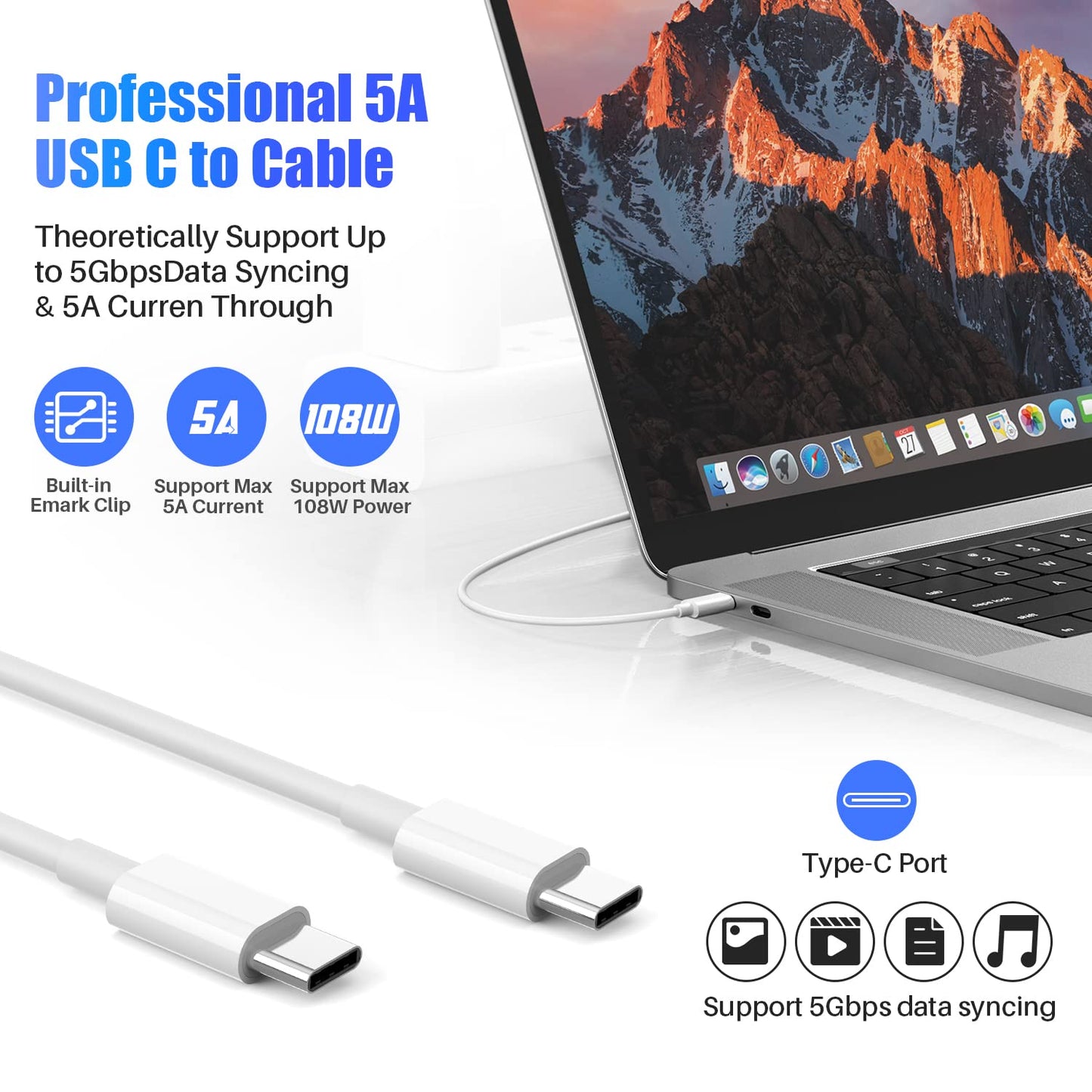 Mac Book Pro Charger - 108W USB C Fast Charger Power Adapter for MacBook Pro, MacBook Air, New iPad Pro and Other USB C Device, Include 7.2ft USB C to C Cable