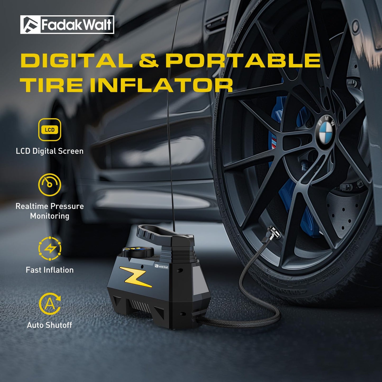FADAKWALT Tire Inflator Portable Air Compressor, DC 12V Tire Air Pump with LED and 150PSI Digital Pressure Gauge, Portable Tire Inflator for Car Tires, Motorcycles, Bike, Ball (Yellow)