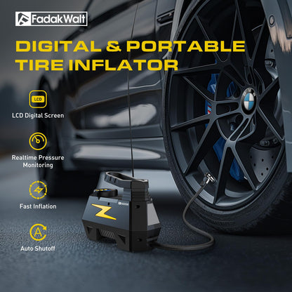 FADAKWALT Tire Inflator Portable Air Compressor, DC 12V Tire Air Pump with LED and 150PSI Digital Pressure Gauge, Portable Tire Inflator for Car Tires, Motorcycles, Bike, Ball (Yellow)
