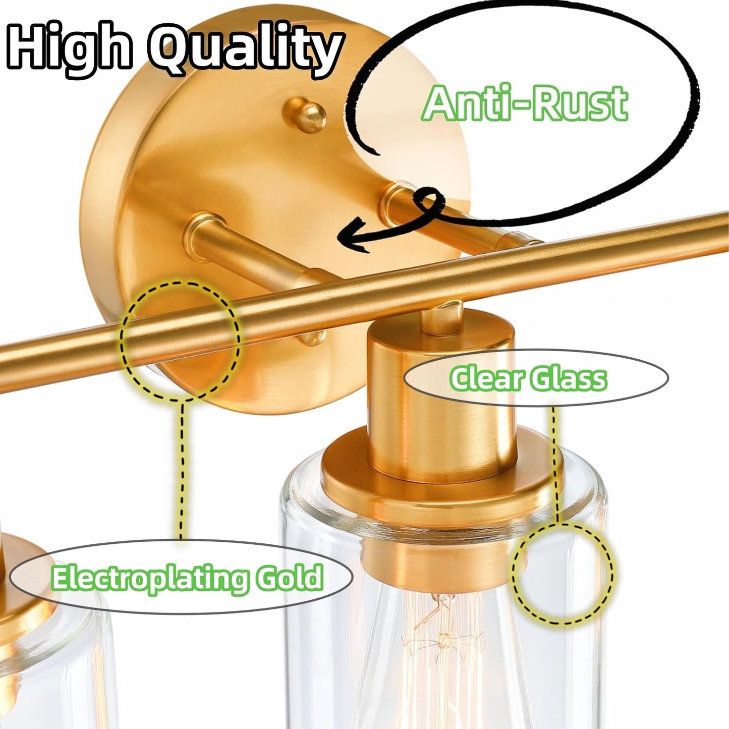 WISBEAM 3-Light Bathroom Vanity Light Over Mirror, Gold Bathroom Wall Sconce with Clear Glass Shade Including E26 Medium Base, Bulb NOT Included