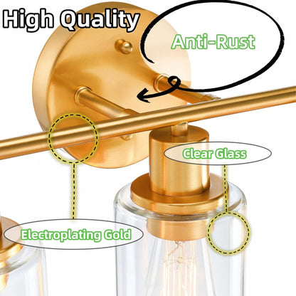 WISBEAM 3-Light Bathroom Vanity Light Over Mirror, Gold Bathroom Wall Sconce with Clear Glass Shade Including E26 Medium Base, Bulb NOT Included