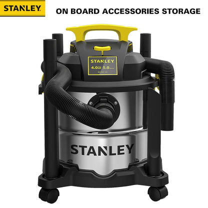 STANLEY SL18115 Wet/Dry Vacuum, 4 Horsepower, Stainless Steel Tank, 5 Gallon, 4.0 HP, 50" Sealed Pressure, Silver+Yellow