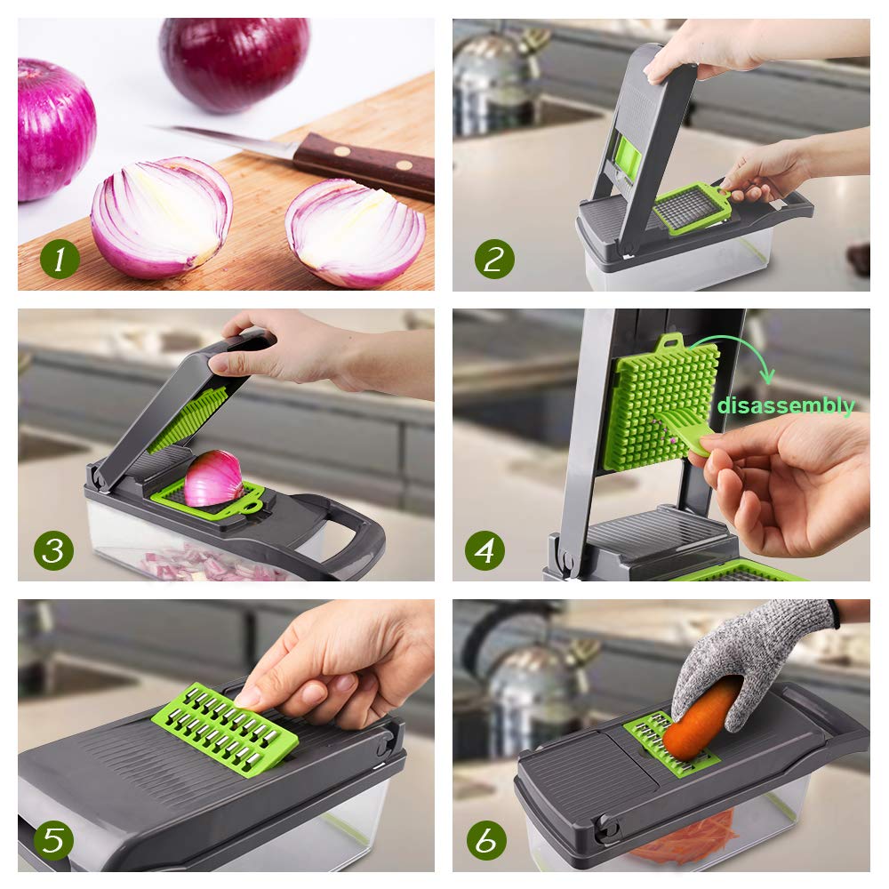 Vegetable Chopper Onion Chopper Cutter Pro 14 in 1 Food Chopper Slicer Dicer Kitchen Manual Veggie Chopper Cutter with 8 Blades Container Drain Basket for Tomato Potato Carrot Chopper