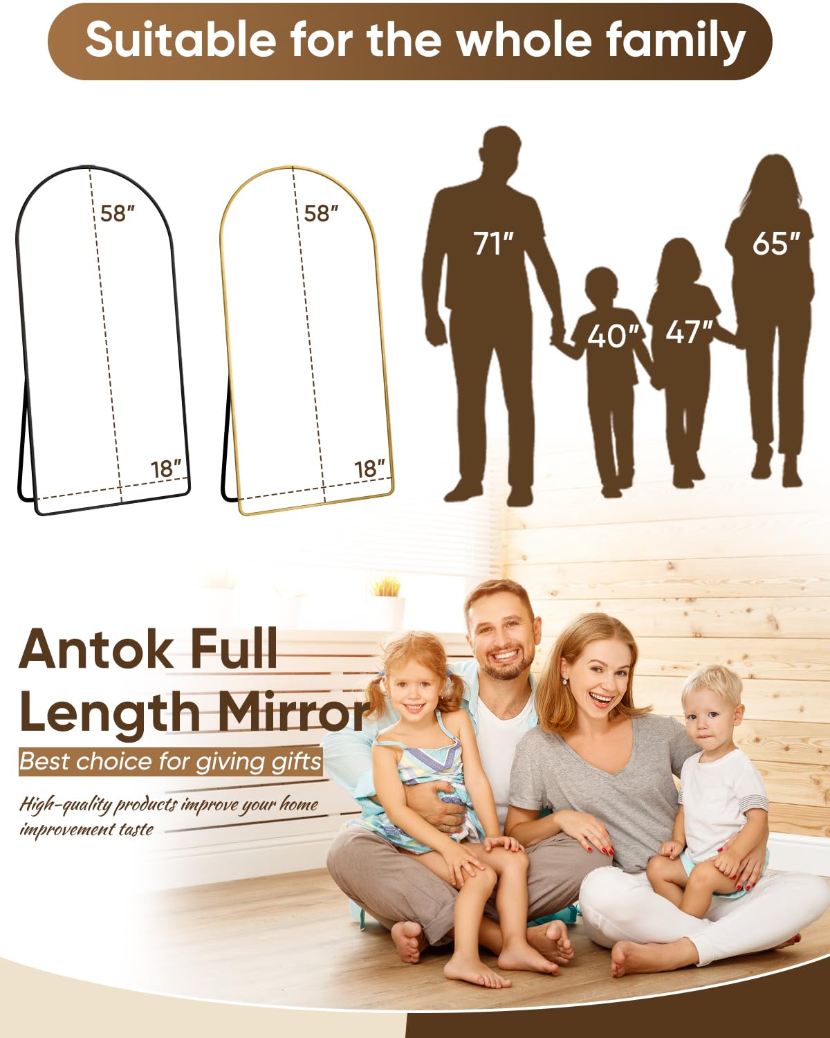Arched Gold Full Length Floor Mirror 58"x21"