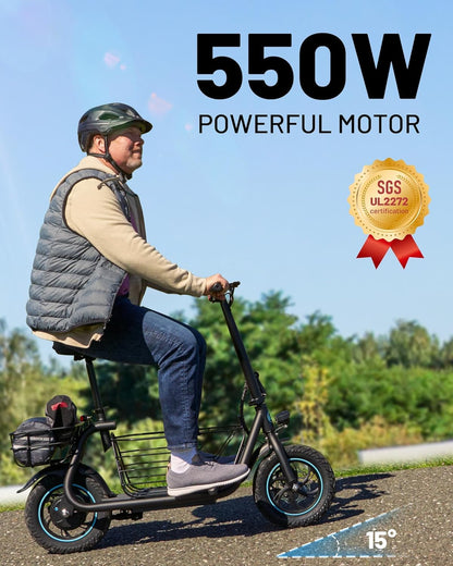 Electric Scooter with Seat, 550W Powerful Motor up to 22/25 Miles Range, Foldable Electric Scooter for Adults Max Speed 15.5/18.6 Mph, Electric Scooter for Commuting with Basket