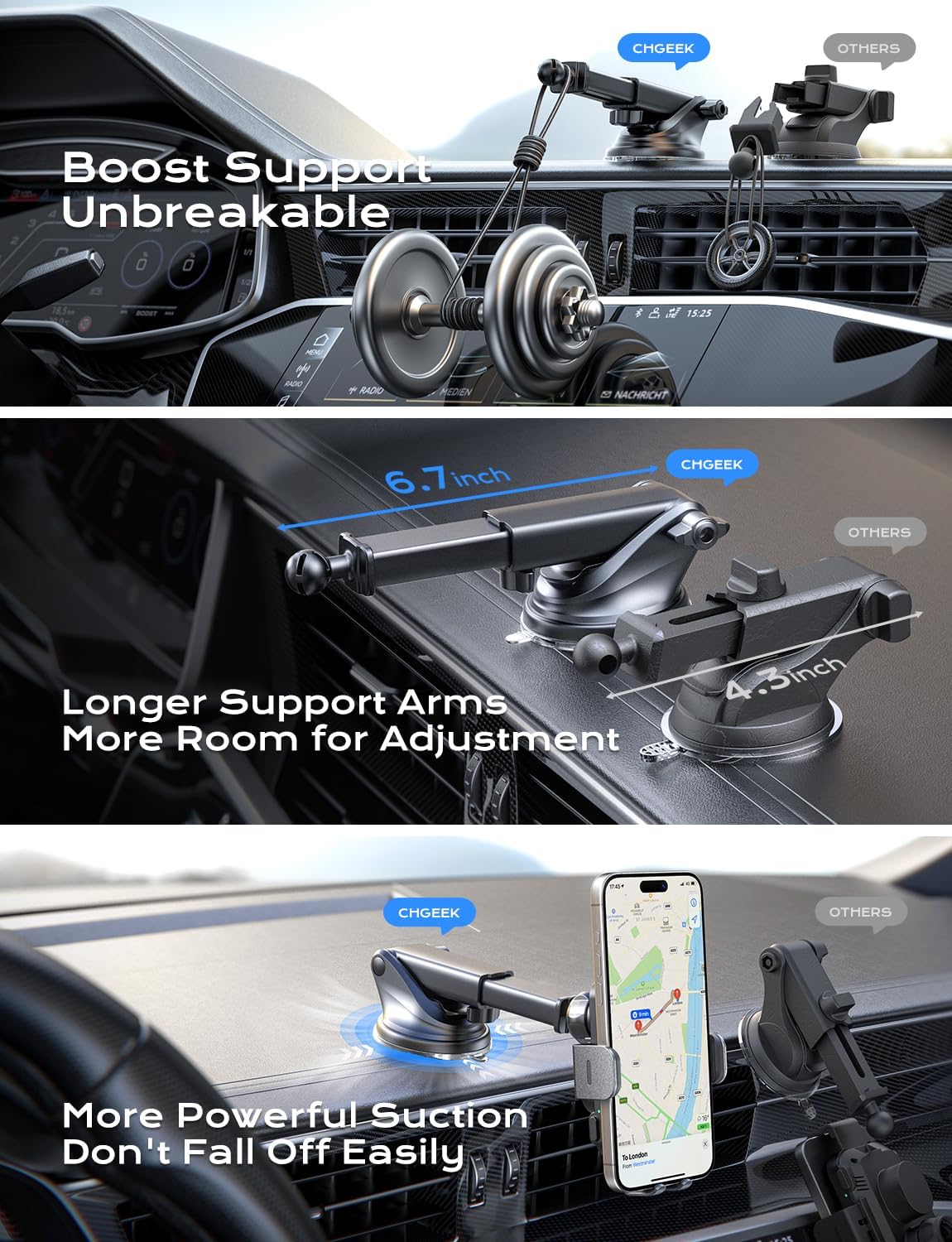 CHGeek Wireless Car Charger, 15W Fast Charging Auto Clamping Car Charger Phone Mount Phone Holder fit for iPhone 15 14 13 12 11 Pro Max Xs, Samsung Galaxy S24 Ultra S23 S22 S21, S20, S10+, Black