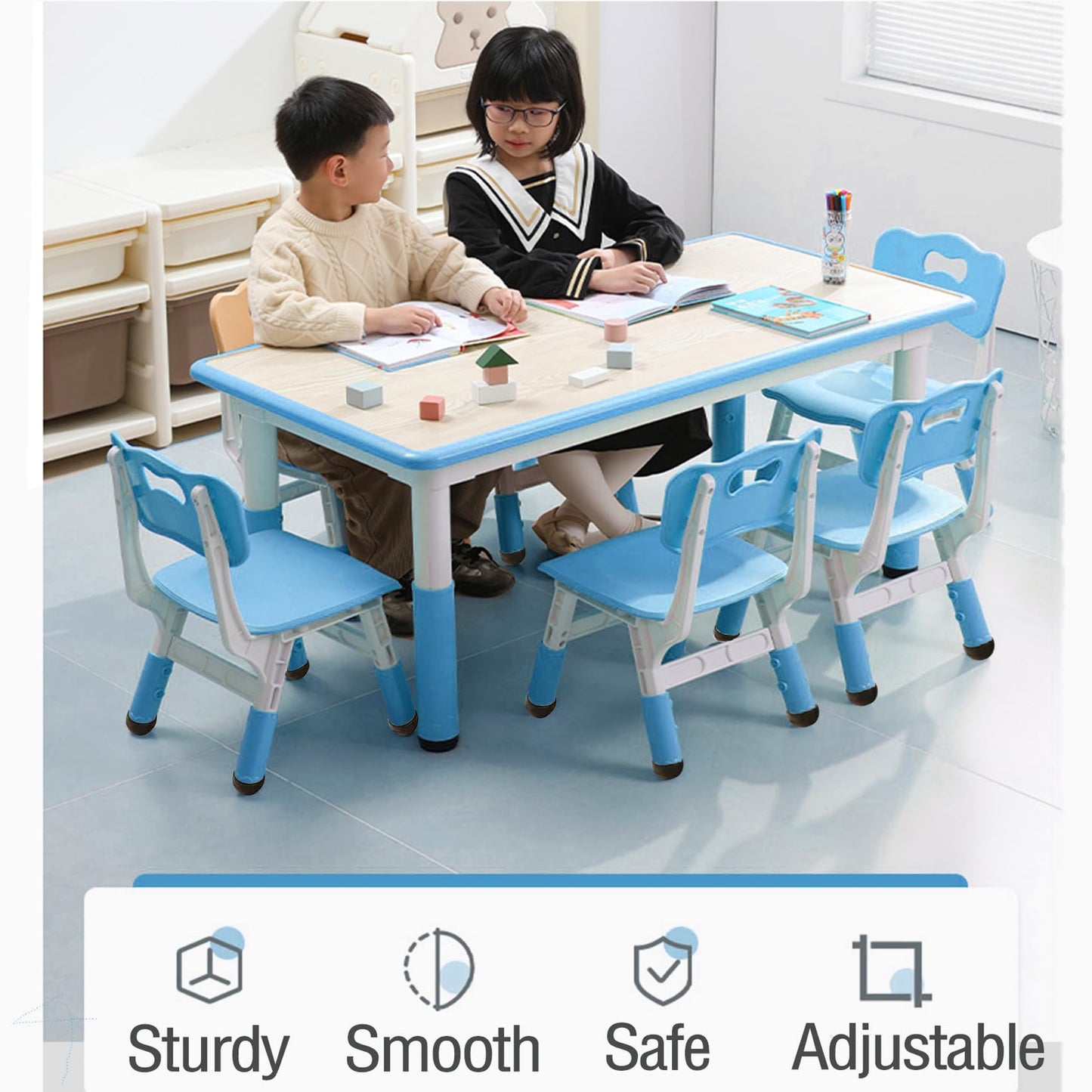 GarveeHome Kids Table and 6 Chair Set - Height Adjustable, Multifunctional Desk, Ergonomically Designed Chairs, Max 300lbs, for Ages 2-10, Classroom, Daycares, Home