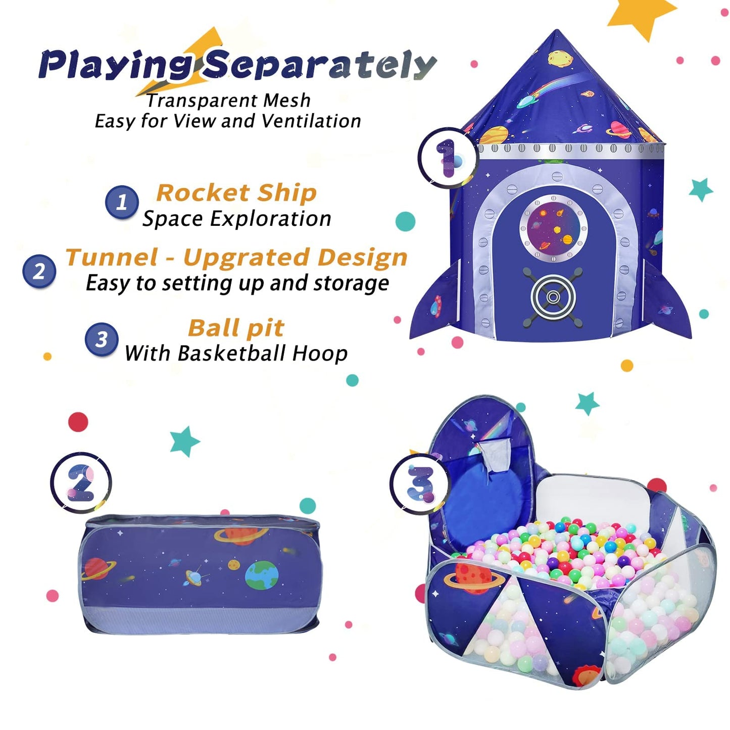 TTLOJ Gift 3pc Rocket Ship Kids Play Tent, Ball Pit, Crawl Tunnel, Toddlers Playhouse Castle Toys, Baby Boys Girls Gift for 3 4 5 6 7 Year Old, Outdoor Indoor(Balls Not Included)