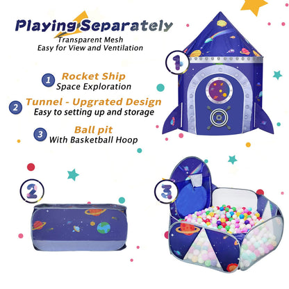 TTLOJ Gift 3pc Rocket Ship Kids Play Tent, Ball Pit, Crawl Tunnel, Toddlers Playhouse Castle Toys, Baby Boys Girls Gift for 3 4 5 6 7 Year Old, Outdoor Indoor(Balls Not Included)