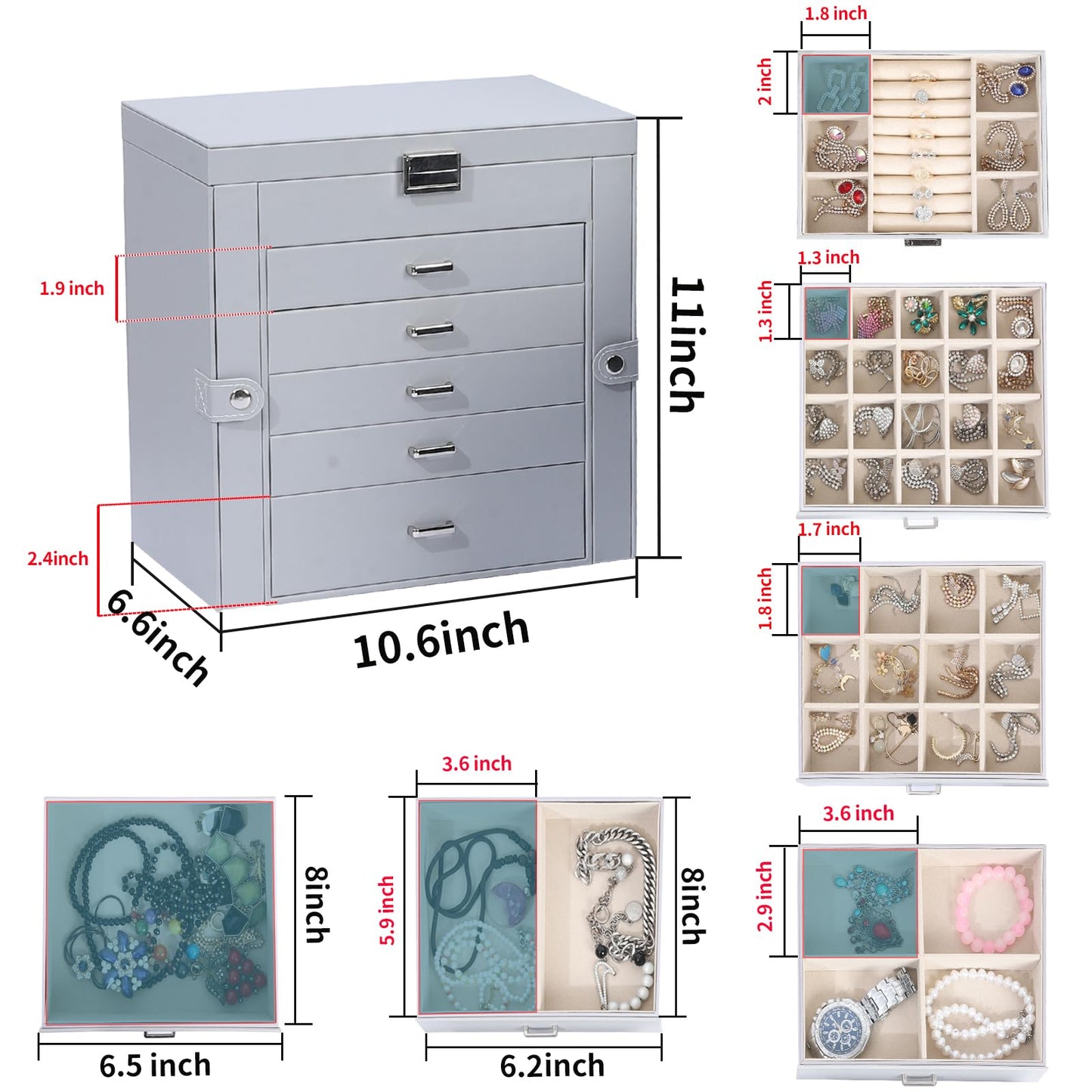 ASINGYER Jewelry Box for Women, 6 Layer Lockable Large Jewelry Holder Organizer with 5 Drawers for Jewelry Storage, Big Jewelry Box for Womens’ Christmas Gift (gray)