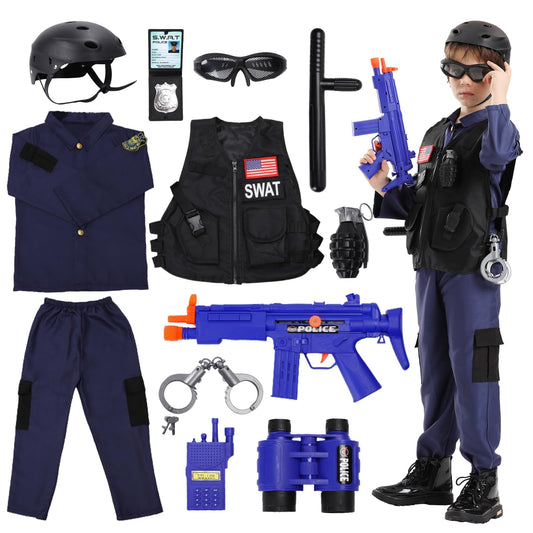 Kodvinp Police Officer Costume for Kids, SWAT Costume for Boys with Vest, Complete Halloween Costumes for Kids 3-10-12