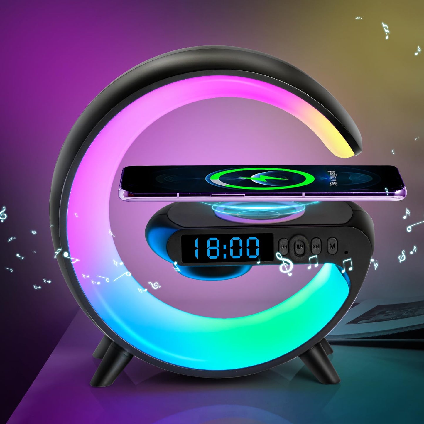 ZOOPEEN Mini G Type Wireless Charging Atmosphere Lamp with Bluetooth Speaker Alarm Clock Night Light 10W Wireless Charger Speaker for Bedside Lamp Ambient Lighting for Christmas Gift(Black)
