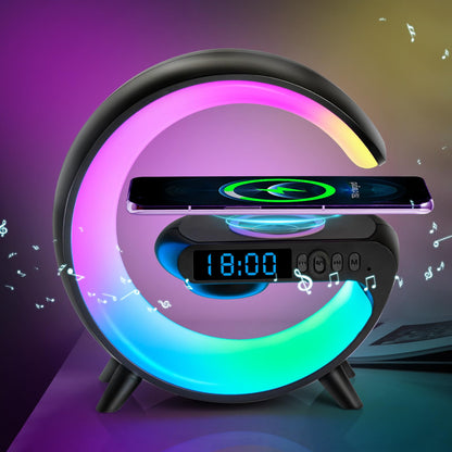 ZOOPEEN Mini G Type Wireless Charging Atmosphere Lamp with Bluetooth Speaker Alarm Clock Night Light 10W Wireless Charger Speaker for Bedside Lamp Ambient Lighting for Christmas Gift(Black)