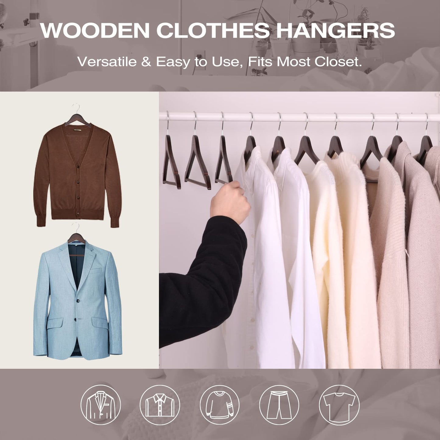 FairyHaus Wood Hangers 30 Pack, Smooth Finish Wooden Coat Suit Hangers with 360° Swivel Hook and Notches, Lightweight Walnut Wood Clothes Hangers for Camisole, Pants, Dress