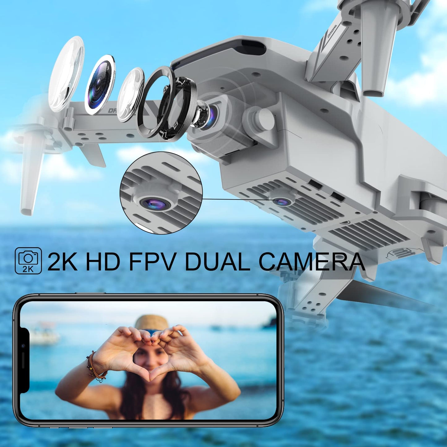 ScharkSpark Drone with 2K HD FPV Dual Camera for Adults and Kids, Mini RC Drone with 3D Flips/Altitude Hold/Headless Mode/Gesture Selfie/Waypoint Flight, 2 Batteries and Case, Gifts for Boys and Girls