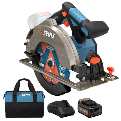 SENIX 20V Max 7-1/4" Circular Saw for Wood Cutting | Cordless Circular Saw with 4.0Ah Battery & Charger | 4200RPM Brushless Motor, LED Light, 55° Bevel | Storage Bag Included (PSCX2-M3)