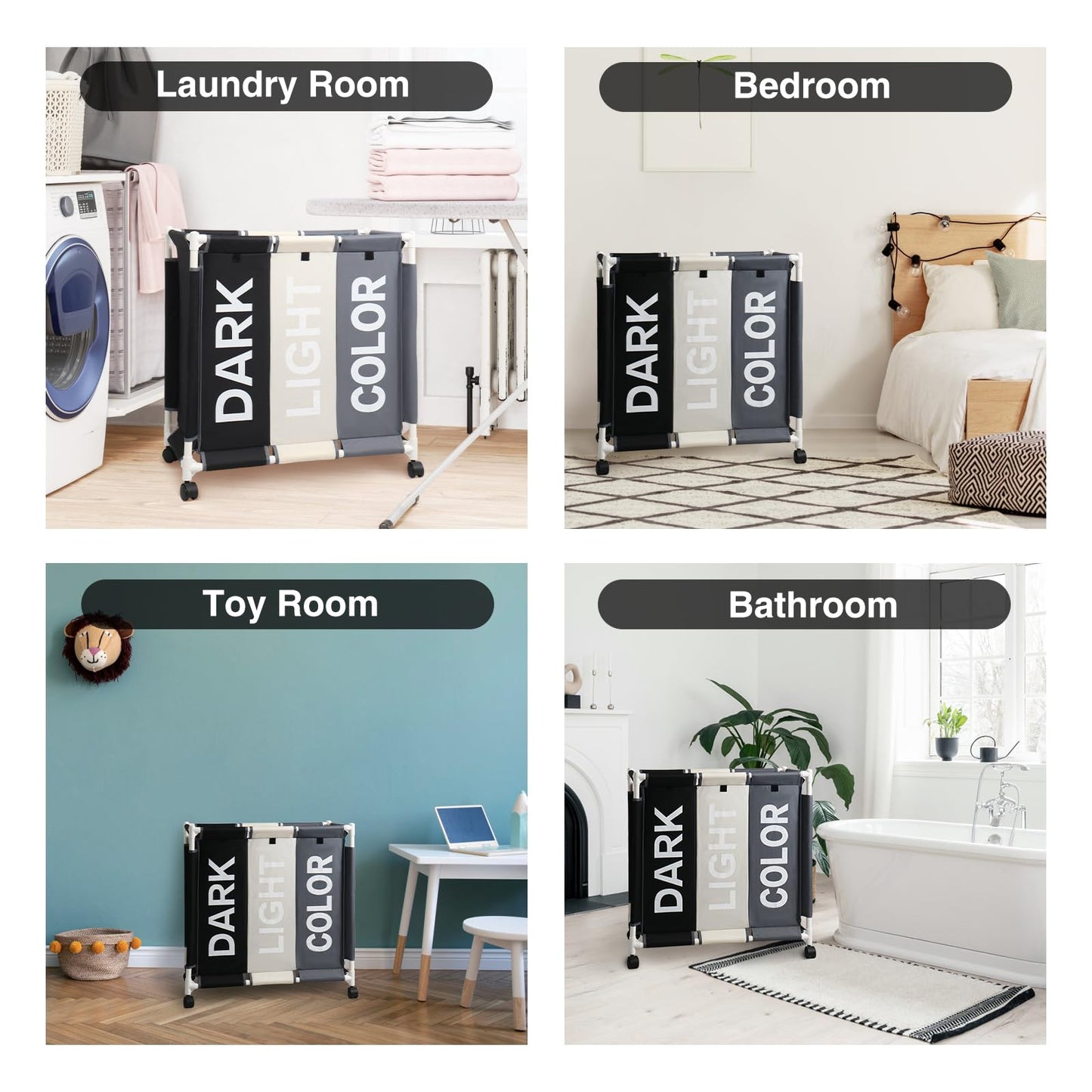 3-Section Laundry Hamper with Rolling Wheels