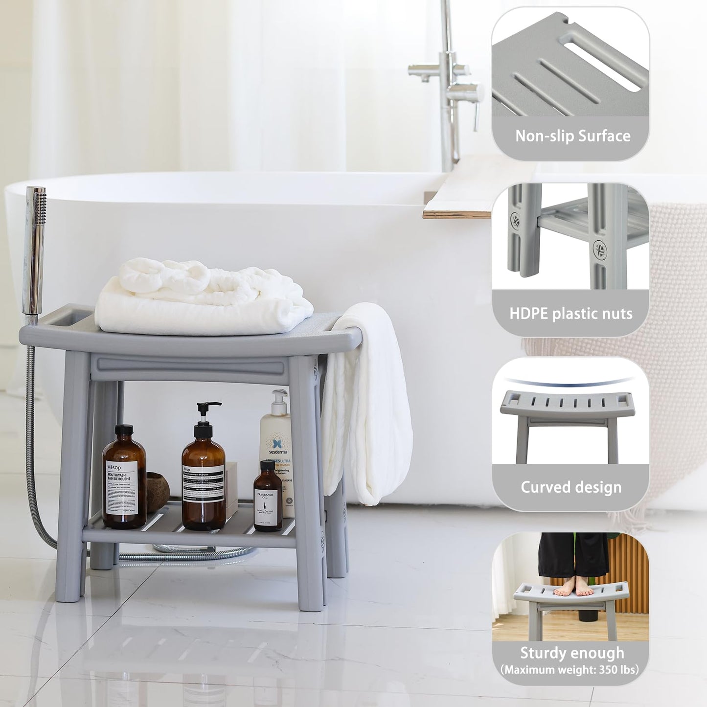 Waterproof Shower Bench Stool with Storage Shelf