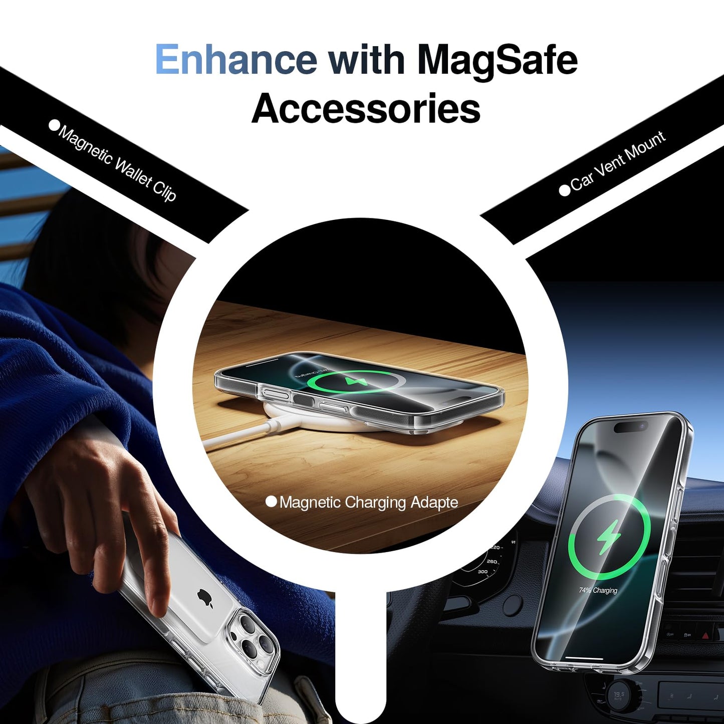 SMARTDEVIL Magnetic MagSafe Black Case for iPhone 16 Pro, Strong Magnetic Clear Shockproof Cover with 2 Screen Protectors, Ultra-Slim Anti-Yellowing Phone Case