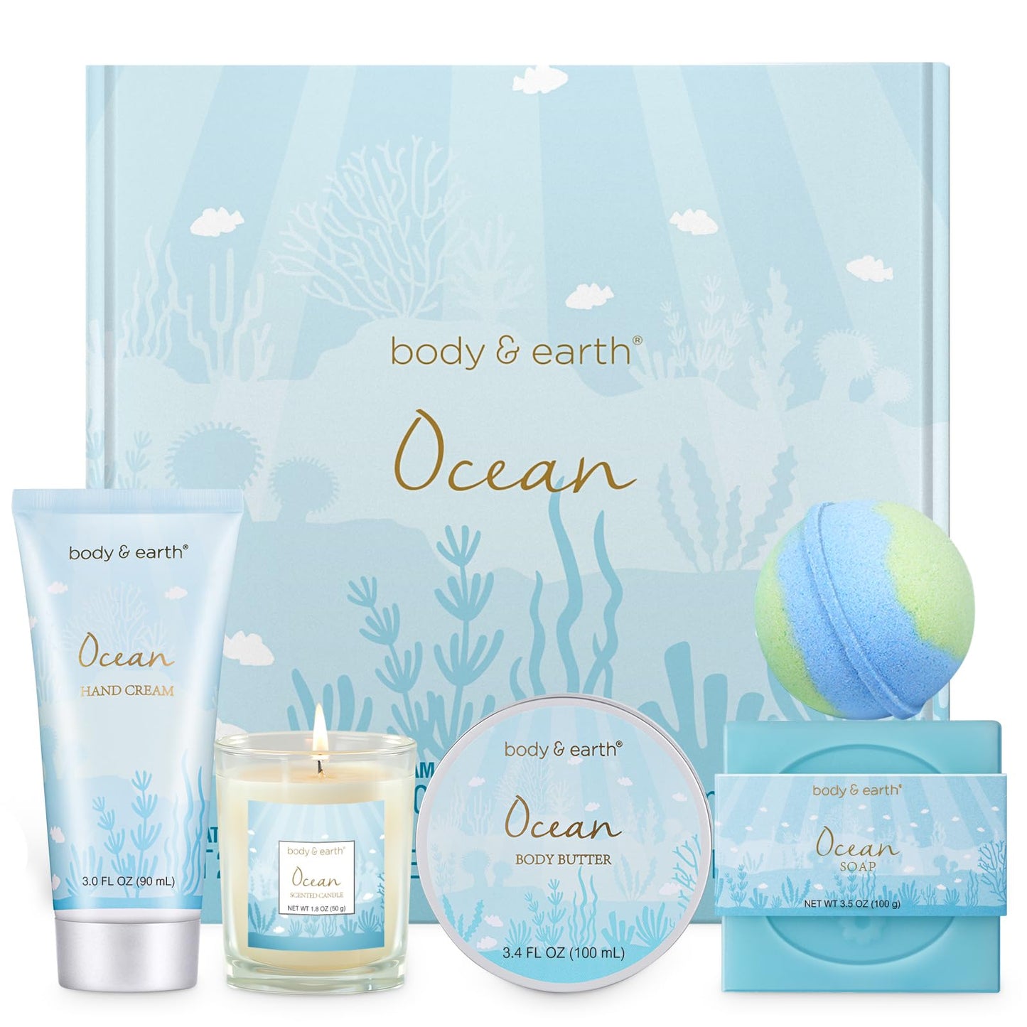 Gifts for Women, Bath and Body Gift Set for Women with 5 Pcs Ocean Scented Spa Gifts for Women, Bath Sets Includes Scented Candle, Body Butter, Hand Cream, Bath Bomb, Bath Gifts for Women