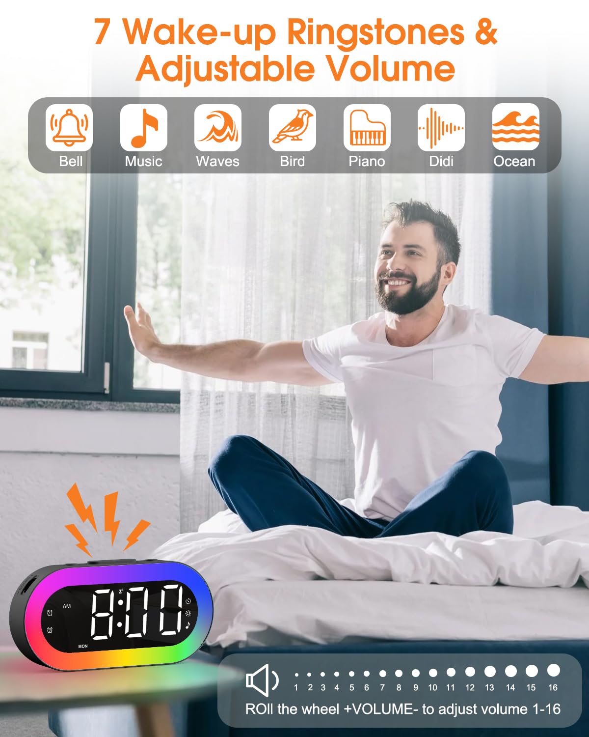 Alarm Clocks for Bedrooms, Desk Digital Clock Large Display, 7 Colors Night Light, USB Ports, Timer, Dimmer, Sound Machine, Customize Alarm, Small Alarm Clock for Bedside Adults Teens Kids Boys Girls