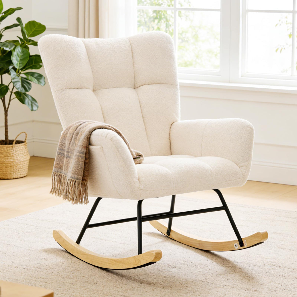 Upholstered Nursery Rocking Chair with High Backrest