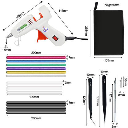 Hot glue gun kit, with 10 transparent glue sticks, 10 black glue sticks, 6 colored glue sticks, carving knife with 5 cutting heads, two pointed tweezers, 40W fast preheating glue gun
