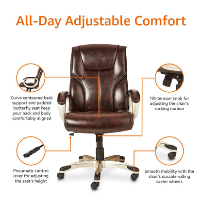 Amazon Basics Executive Home Office Desk Chair with Padded Armrests, Adjustable Height and Tilt, Rolling Swivel Chair, 275 Pound Capacity, Brown and Gold