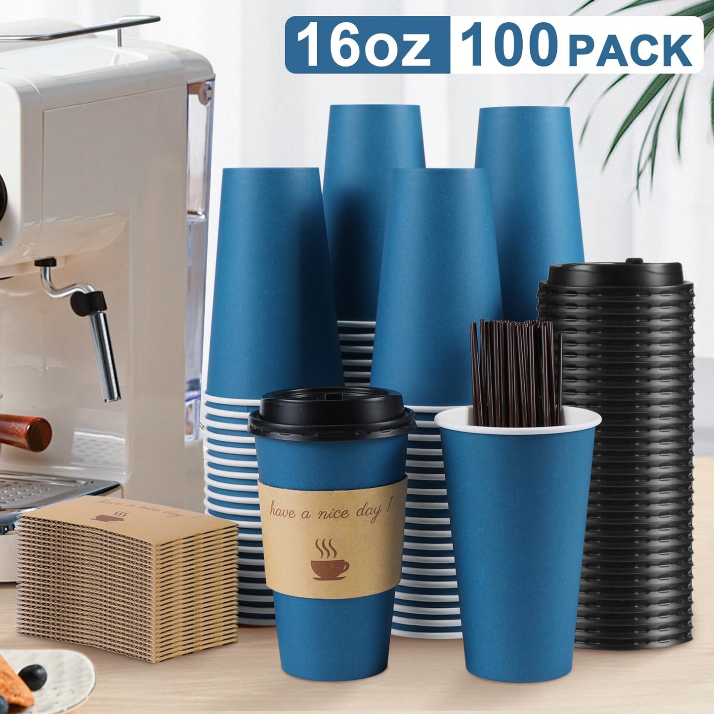 Clawsoff 100 Pack 16 oz Coffee Cups with Lids, Disposable To Go Paper Coffee Cups with Sleeves and Stirring Sticks for Hot/Cold Drinks Office Home Shop Event (Navy)