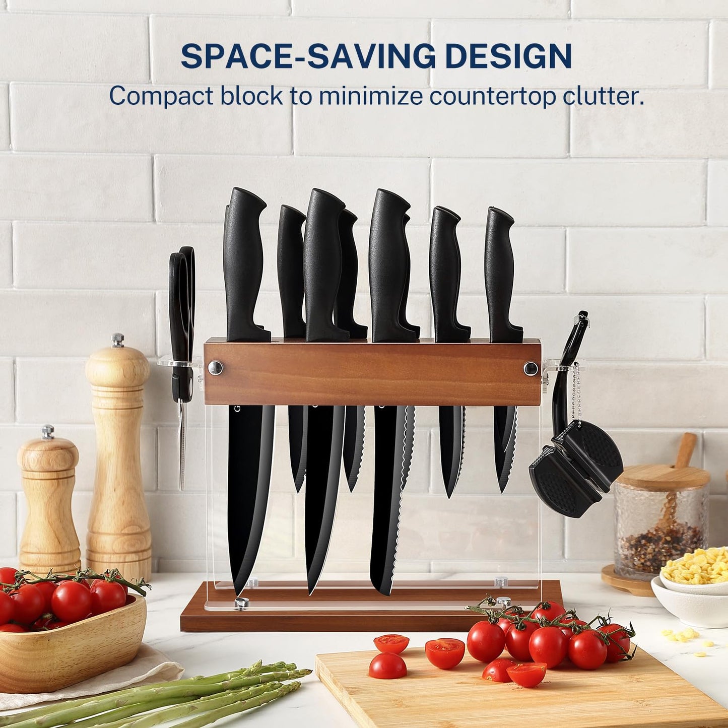 Gourmetop Kitchen Knife Set with Block 15 pcs, Kitchen Knife Block Set with Wood Acrylic Stand, Sharp Knife Set with Sharpener, Scissors, and Peeler, Black Cooking Knives Set for Kitchen Cutting