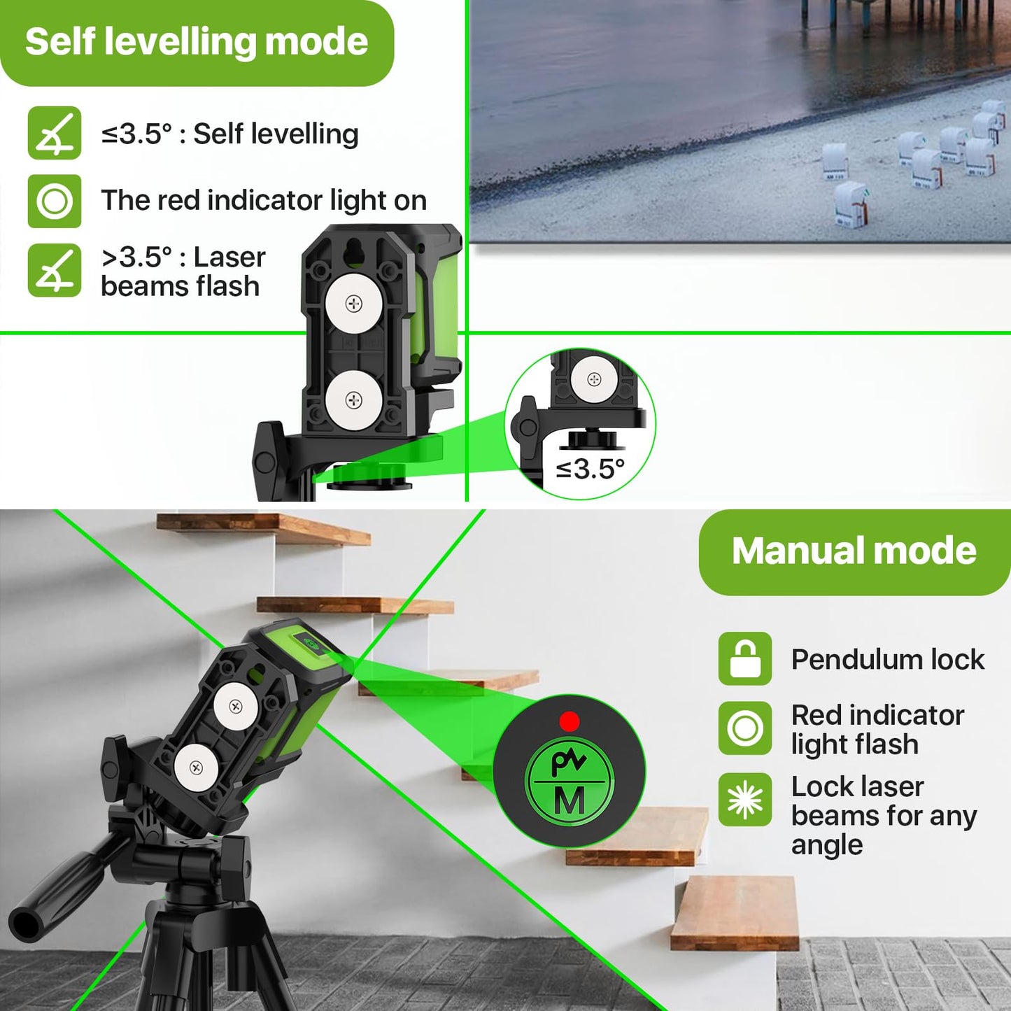 Self Leveling Laser Level, MAITHEUO 100FT Green Beam Cross Line Laser Level for Picture Hanging and Home Renovation with Magnetic Base, Battery, Carrying Bag