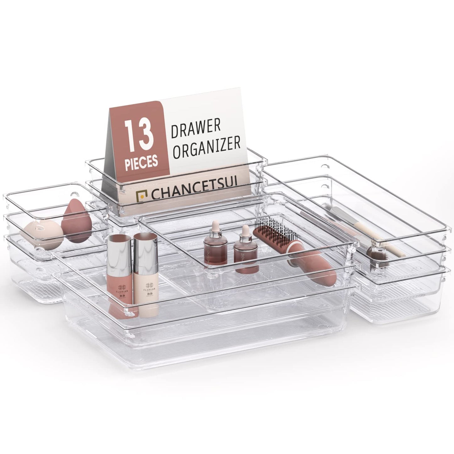 13 Pack Clear Drawer Organizer Set with Non-Slip Pads, 5-size Plastic Drawer Trays, Desk Drawer Dividers, Storage Bins for Makeup, jewelry, Utensils in Bedroom Dresser, Gadgets, Office, and Kitchen