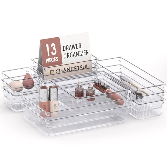 13 Pack Clear Drawer Organizer Set with Non-Slip Pads, 5-size Plastic Drawer Trays, Desk Drawer Dividers, Storage Bins for Makeup, jewelry, Utensils in Bedroom Dresser, Gadgets, Office, and Kitchen