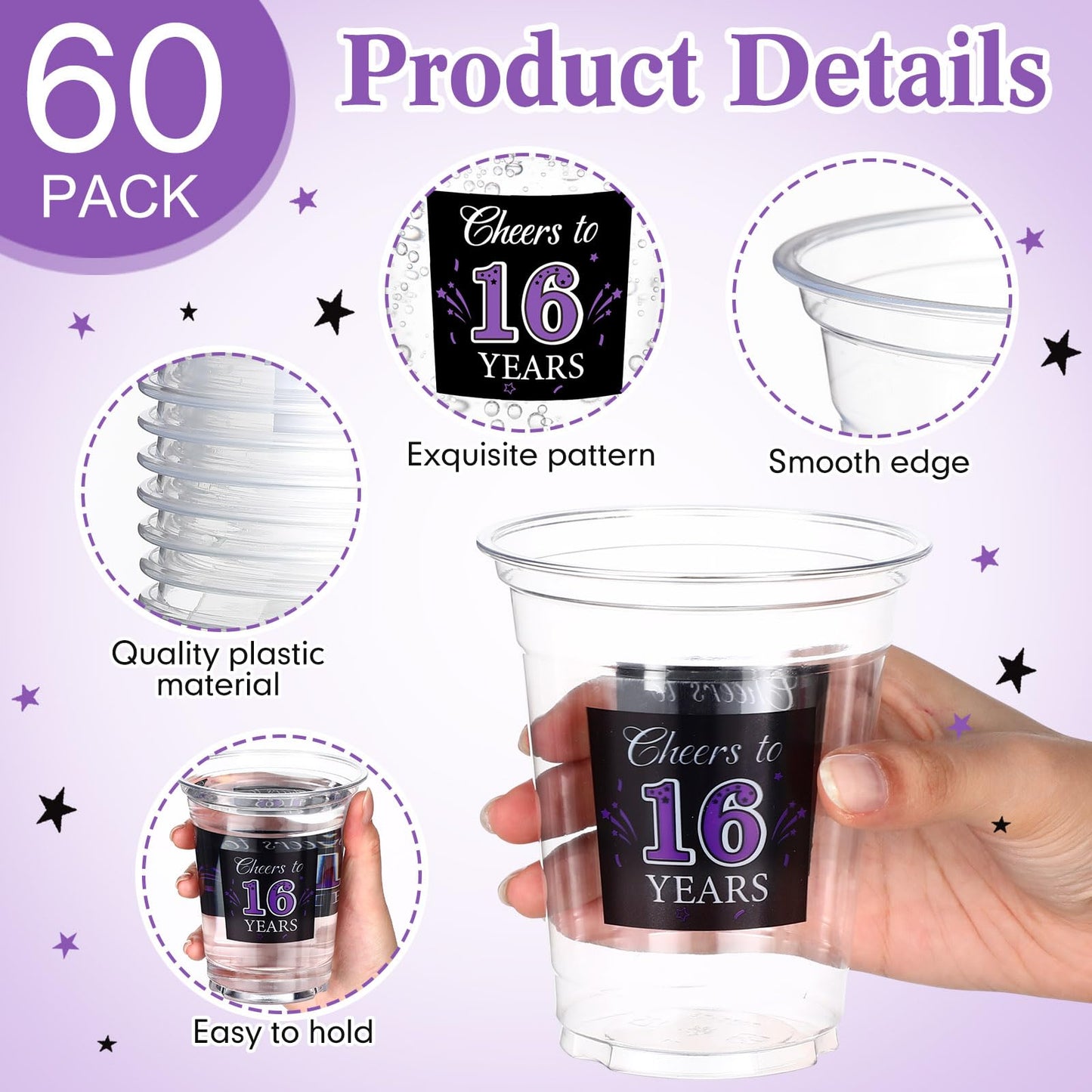 60 Pack Disposable Birthday Cups for 16th Anniversary
