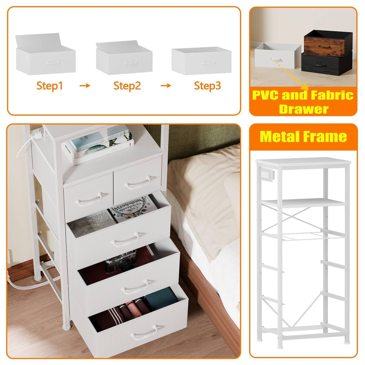 Furnulem Dresser for Bedroom, Tall Nightstand, Vertical Chest with Wood Top, Charging Station, LED Lights, 5 Fabric Bins, Bedside Table with Shelf, Furniture for Entryway, Dorm (5 Drawer, White)