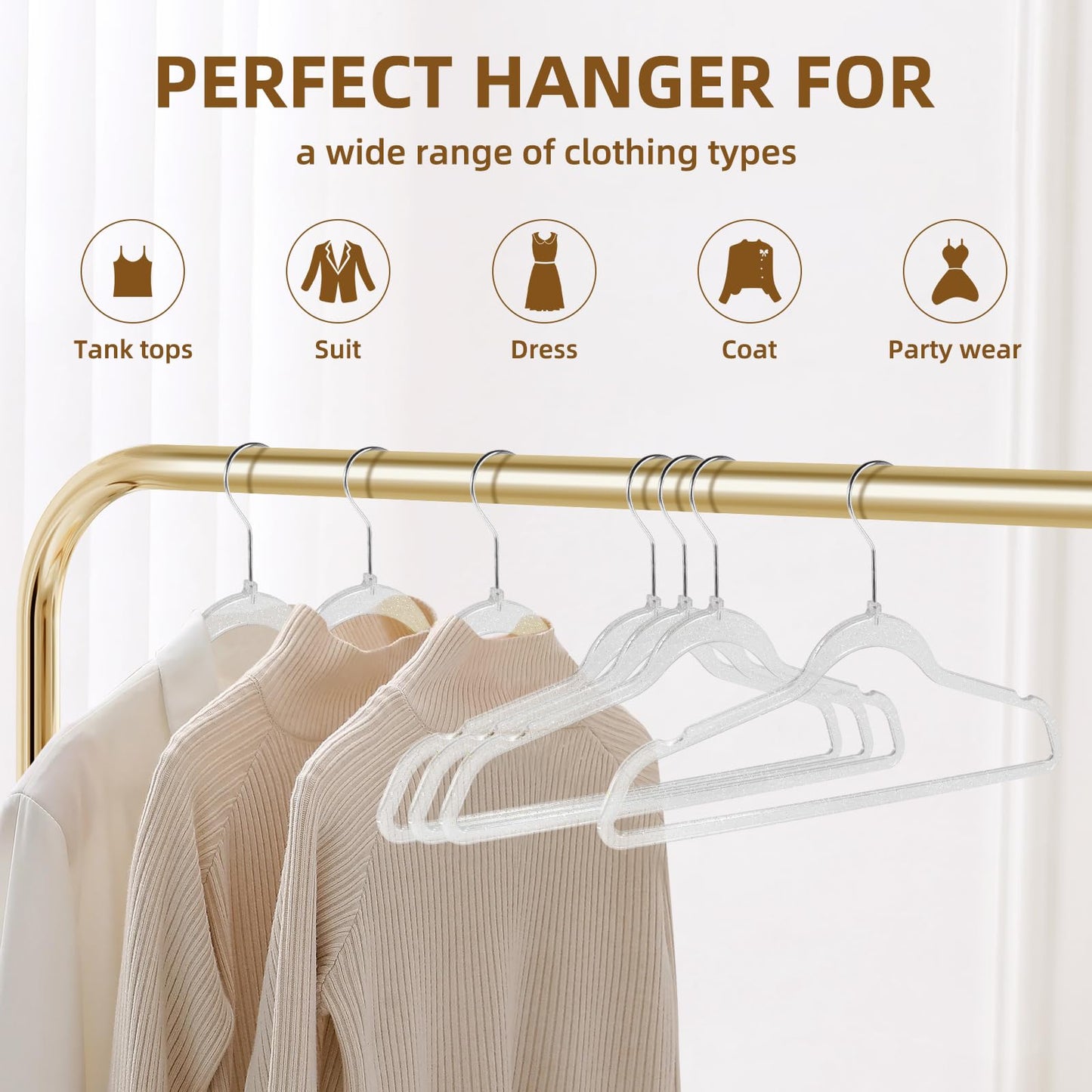 JohneyRulu Clear Plastic Hangers 20-Pack - Non-Slip Coat/Clothes Hangers with Silver Glitter; Ideal for Weddings; Lightweight and Space-Saving for Closet Organization.