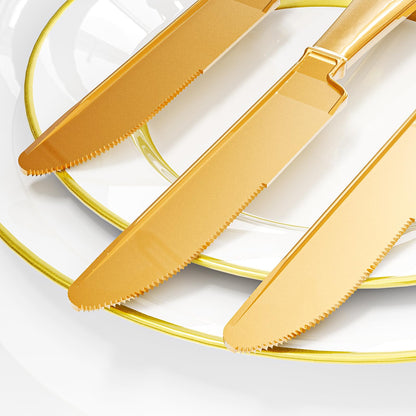 Zonbaizey Plastic Knives Disposable - 200 Pcs Gold Plastic Knives Heavy Duty, Solid and Durable Plastic Cutlery heavy Duty, Heat Resistance Gold Plastic Sliverware, For Parties Plastic Knives Bulk