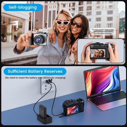 4K Digital Camera for Photography and Video, 64MP Auto-Focus Anti-Shake Vlogging Camera with 18X Digital Zoom, Flash, Compact Travel Camera with 64GB TF Card, 2 Batteries and Battery Charger, Silver