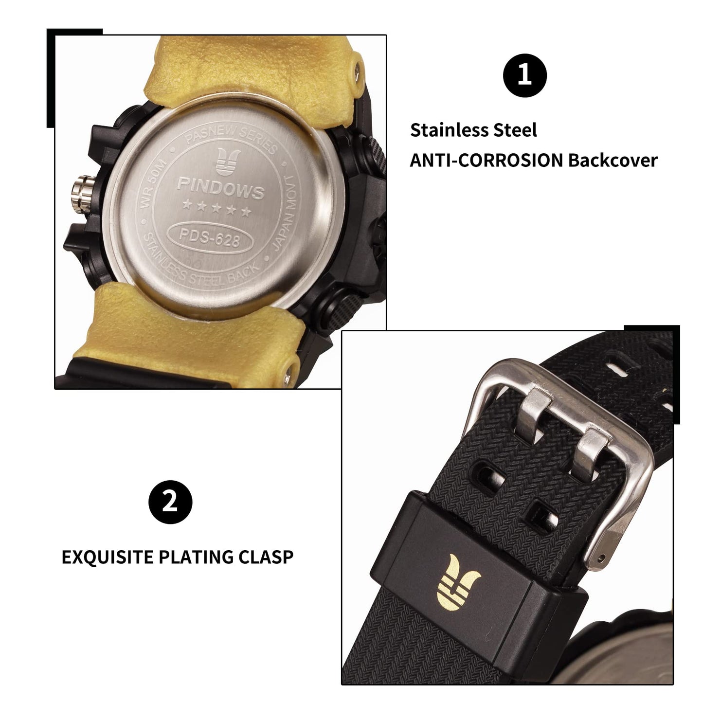 PINDOWS Sport Watch for Men, Digital Analog Military Sports Electronic LED Watches with 12H/24H Display, 50m Waterproof, Alarm Clock, and Stopwatch Timing, Men's Wrist Watches PDS-628
