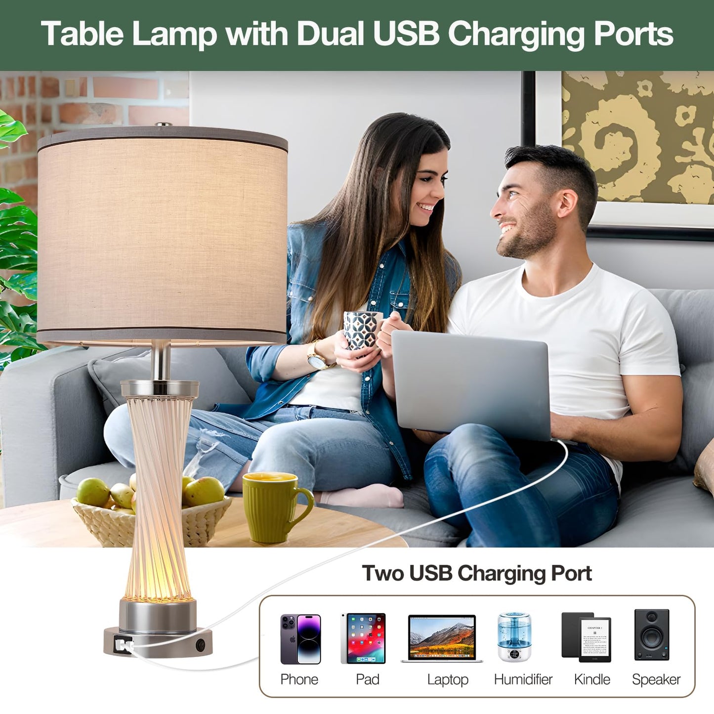 bdayanx 3-Way Dimmable Table Lamp Set of 2,Touch Control Lamp with Night Light,Modern Crystal Table Lamps for Bedroom,Living Room，Bedside Lamps with USB A+C Ports，Fabric Lampshade(Blubs Included)