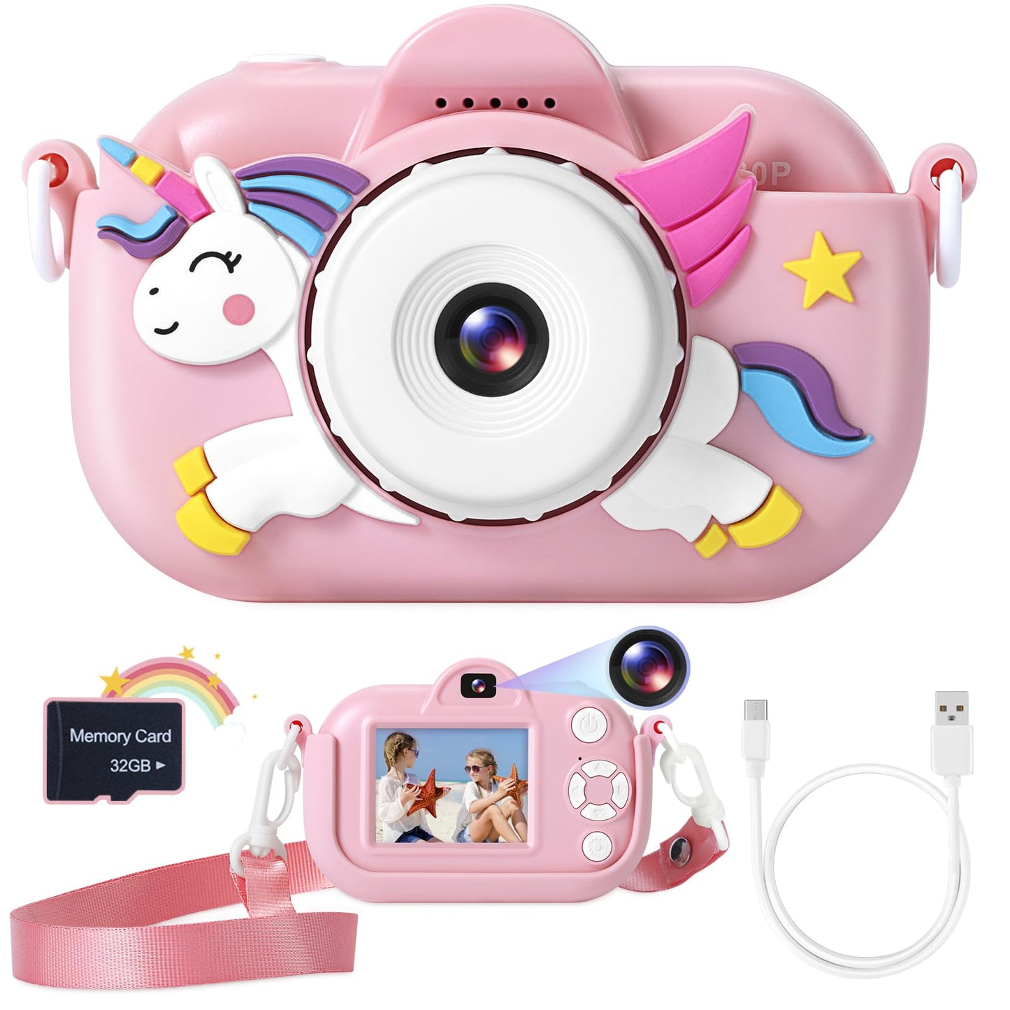 ZUODUN Kids Camera Toys for Girls Age 3-8, Kids Digital Camera Toddler Camera for 3 4 5 6 7 8 Years Old Birthday Gifts, 1080P Video Camera with Cute Protective Cover & 32GB SD Card