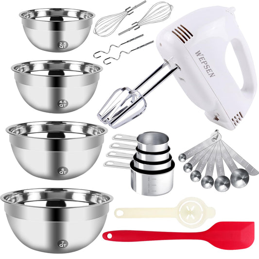 WEPSEN 5-Speed Hand Mixer with Mixing Bowls Set