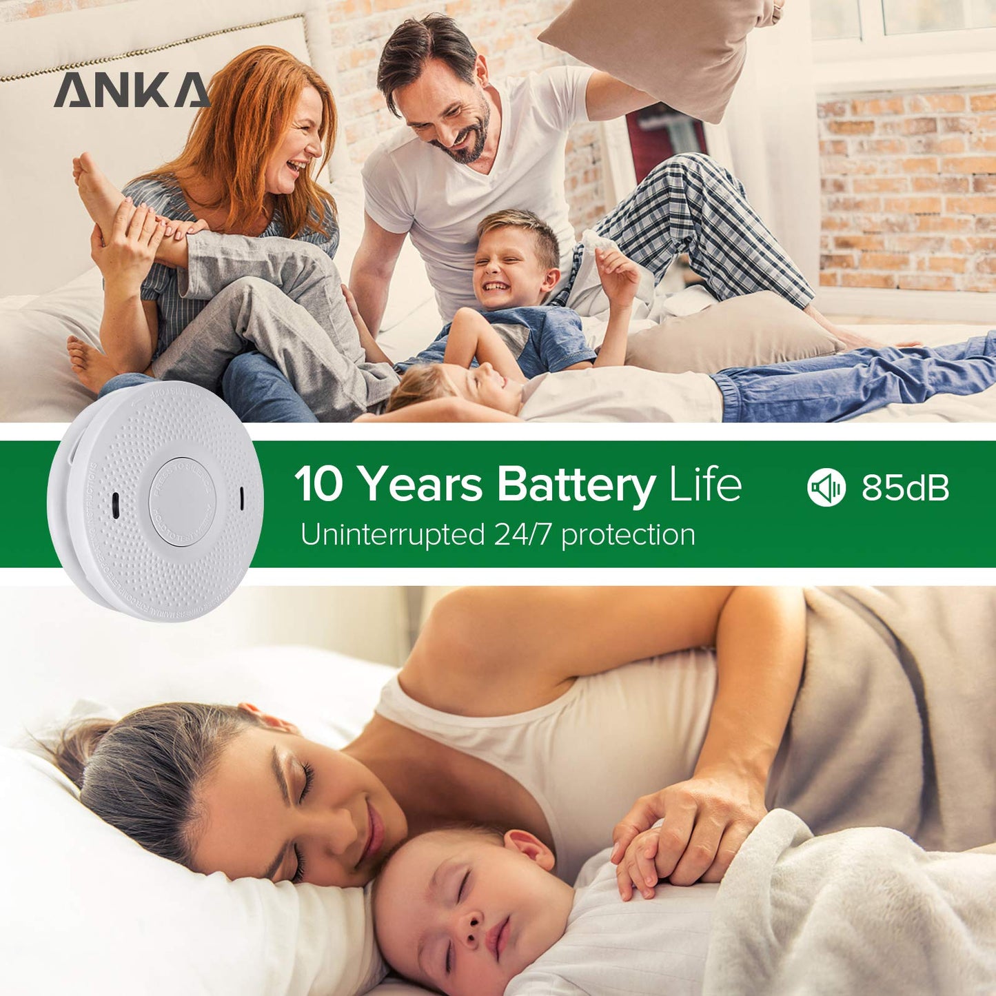 ANKA Smoke and Carbon Monoxide Detector Alarm,10 Year Battery, Not Hardwired, Dual Sensor Smoke CO Combo Alarm with Silence Function, UL 217 & UL 2034