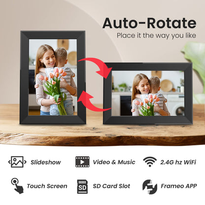 SKYRHYME 10.1 Inch Digital Picture Frame with 32GB Storage, FRAMEO WiFi Digital Photo Frame, 1280 * 800 IPS Touch Screen, Auto-Rotate Slideshow, Easy to Share Photo/Video via Free App