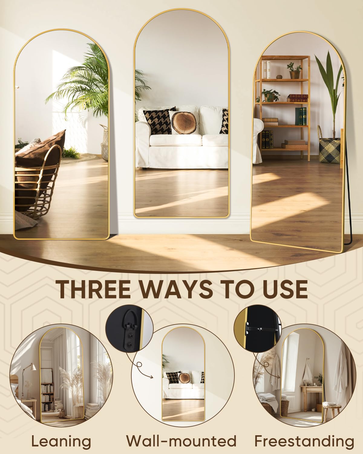 Arched Gold Full Length Floor Mirror 58"x21"