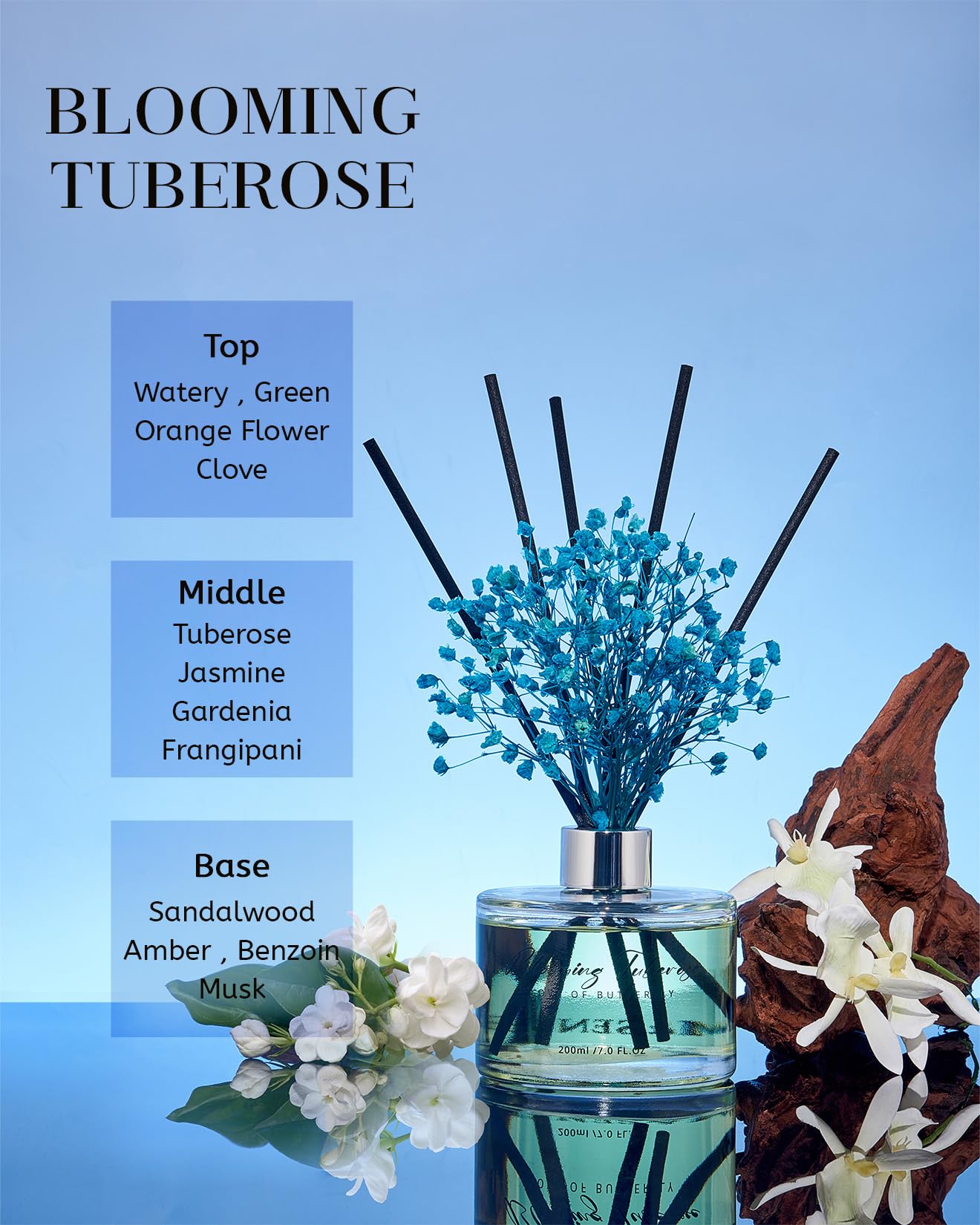 M&SENSE Blooming Tuberose Reed Diffuser Set with 7 Sticks | Baby's Breath Flower - 7.0oz Tuberose Scent, Fragrance Diffuser Flame Free for Home Décor Long Lasting Diffuser Room Fresheners for Home