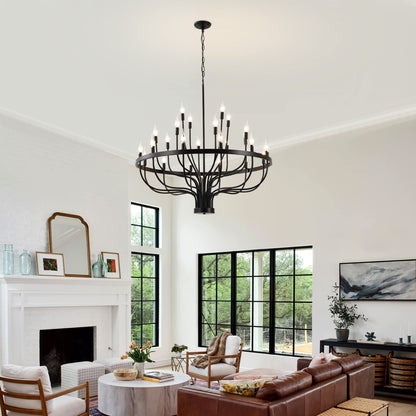 Peonacy Black Farmhouse Chandelier 24 Light, Large Modern Candle Industrial Round Iron Chandeliers Wagon Wheel Chandelier 39 inch for Dining Room Living Room High Ceilings Foyer Entryway