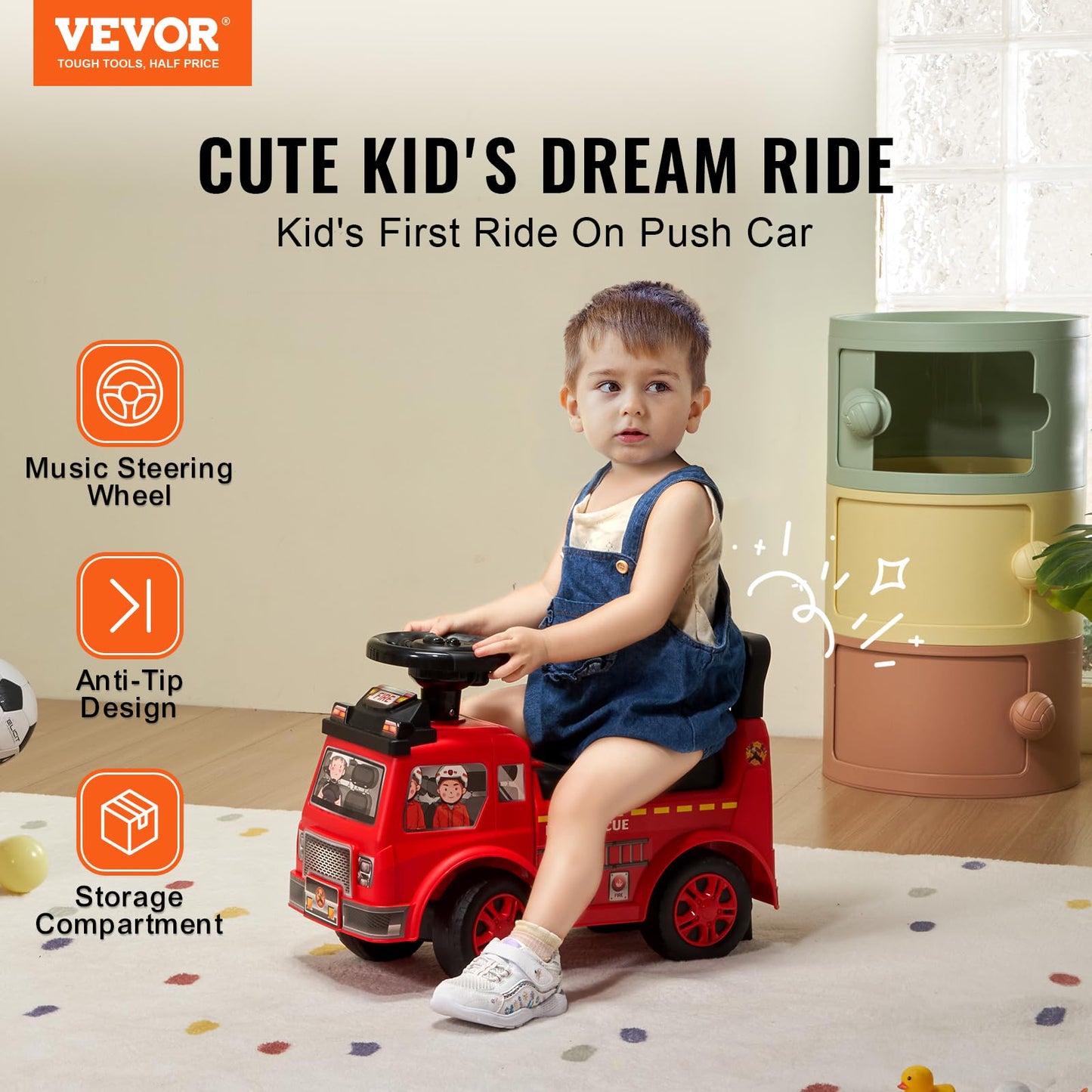 VEVOR Ride On Push Car for Toddlers, Ages 19+ Months, Ride Racer, Sit to Stand Toddler Ride On Toy, Kids Ride On Car with Music Steering, Horn & Under Seat Storage, Ride On Toy for Boys Girls, Red